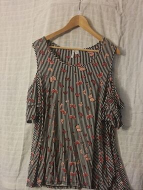 Elle Black & White Striped Cold-Shoulder Tank with Pink Floral Accents